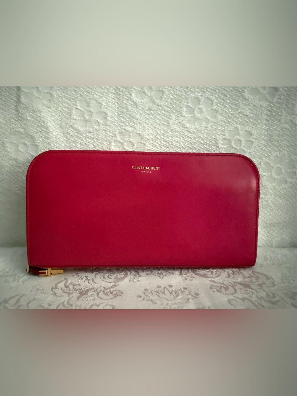 Saint Laurent Pink Leather Zip Wallet with Gold Hardware